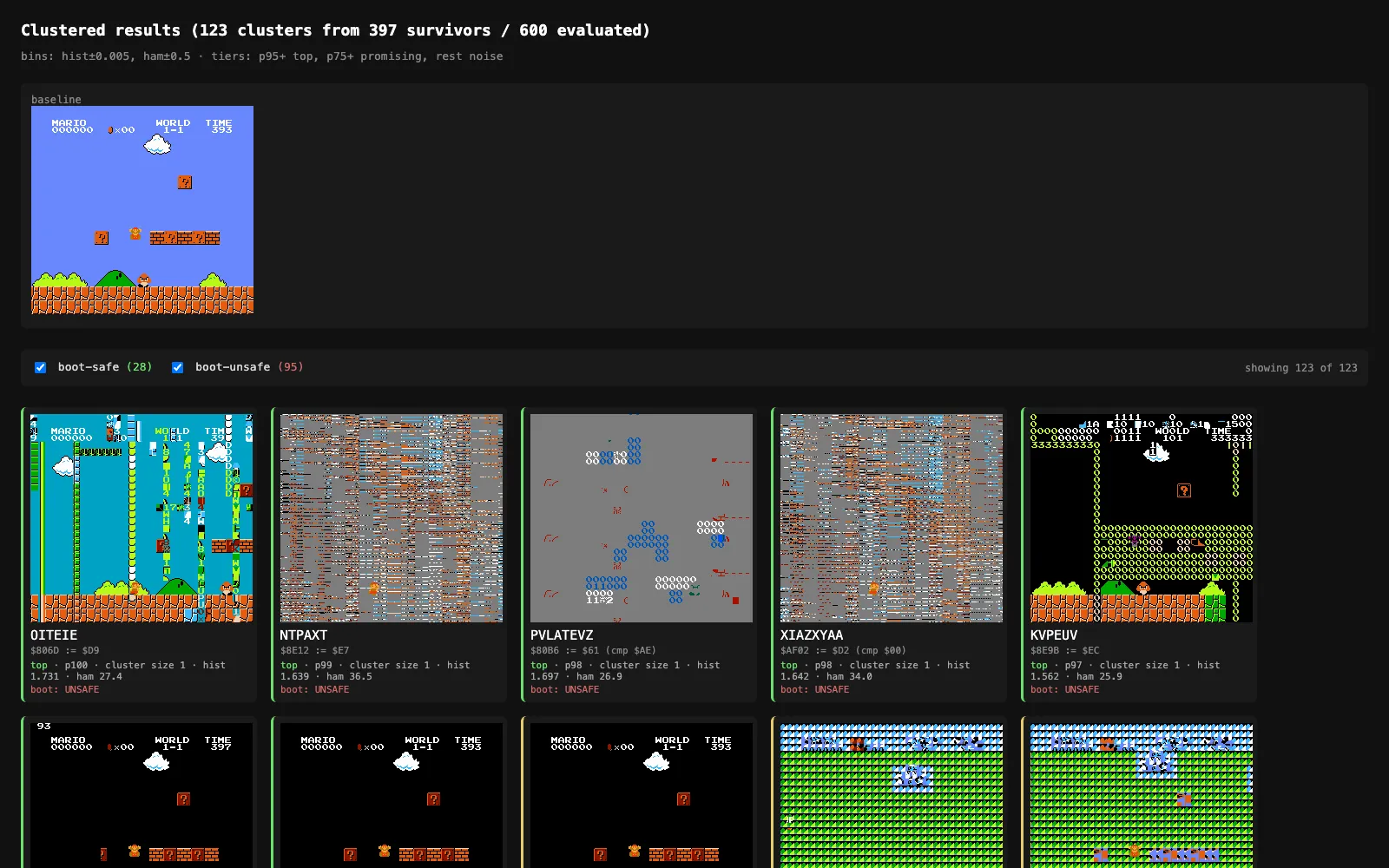 rommage's clustered HTML report from a 600-candidate Super Mario Bros. search: the clean 1-1 baseline frame above the top-ranked Game Genie codes, whose frames show garbled tiles, recoloured levels and corrupted HUDs