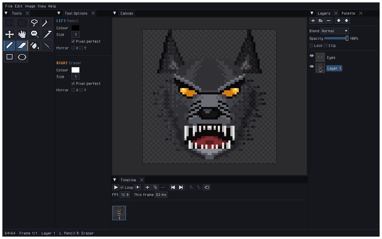 The blit editor with a pixel wolf on the canvas, tool panels, layers and timeline
