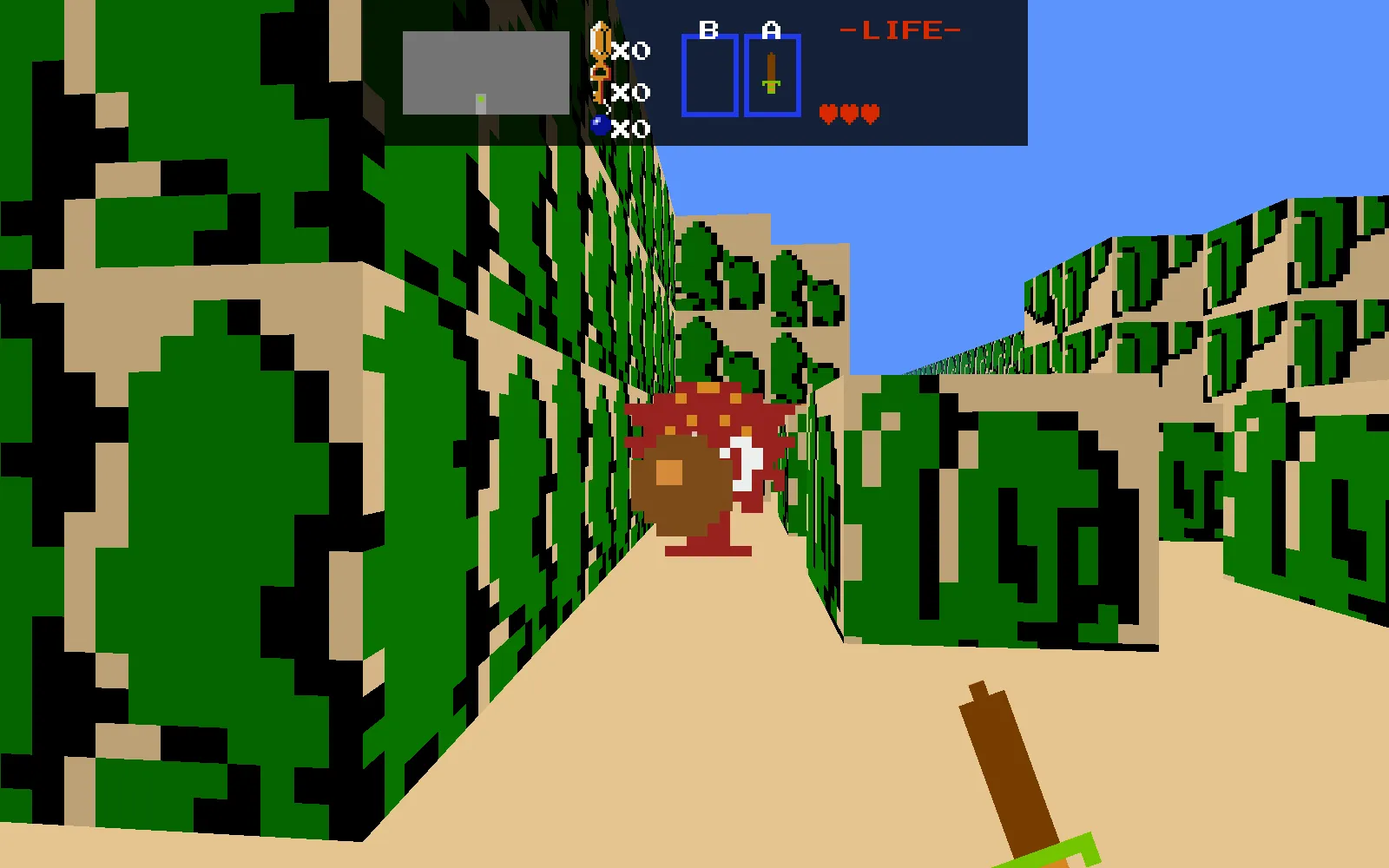 First-person on the overworld just north of the starting screen: a red Octorok spits a rock down a sandy path between walls of green tree blocks, with the wooden sword in hand and the NES status bar above