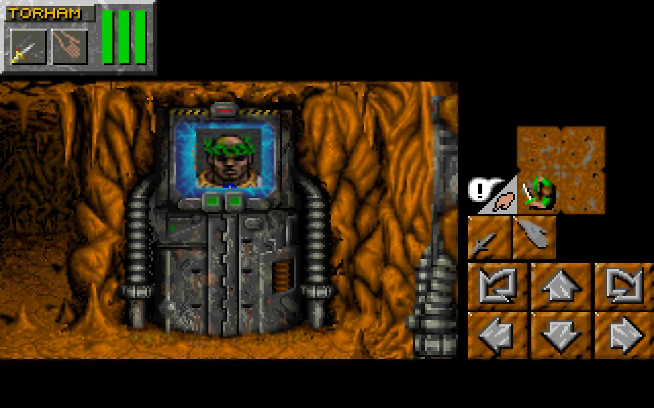 The remake's renderer in the opening cave, facing a champion's recruitment mirror, with Torham's party panel and movement arrows around the viewport