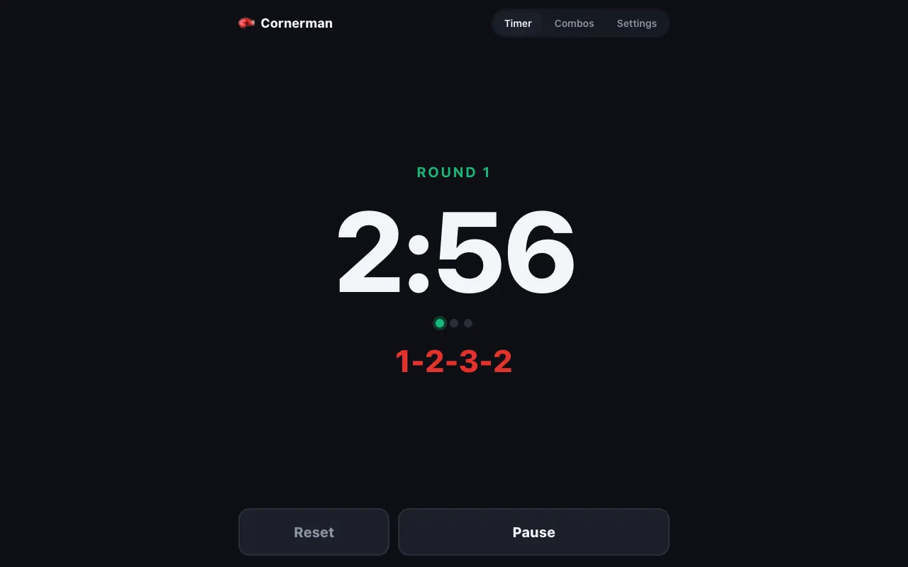 Round 1 in progress at 2:56, with the combo 1-2-3-2 called out in red under the clock
