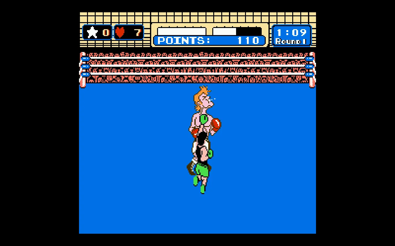 A frame from the project's stable-retro environment: Little Mac lands a punch on a reeling Glass Joe at 1:09 of round 1, under a random policy