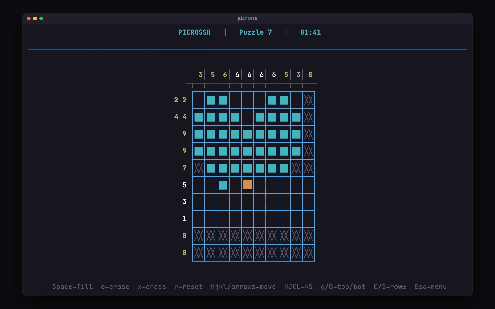 picrossh mid-game on a 10x10 puzzle: the top five rows of a heart filled in teal, empty rows crossed out, and the cursor partway through row six.