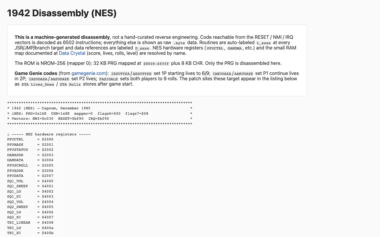 The top of the generated 1942.html page: a short preamble about the machine-generated disassembly and Game Genie codes, then the iNES header box and the named NES hardware registers