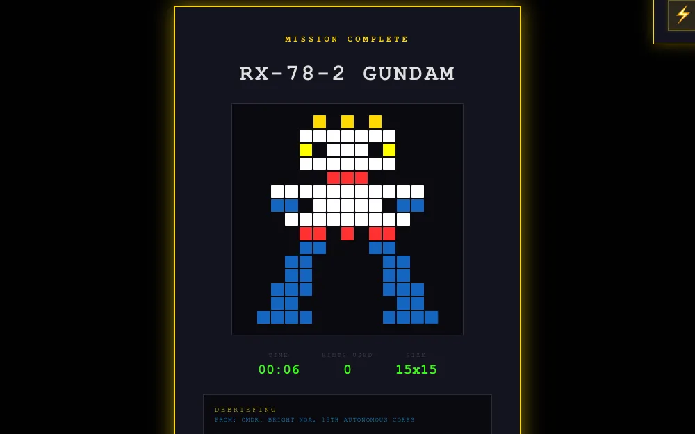 Mission complete: the solved 15×15 grid revealed as a pixel RX-78-2 Gundam, with the debriefing below