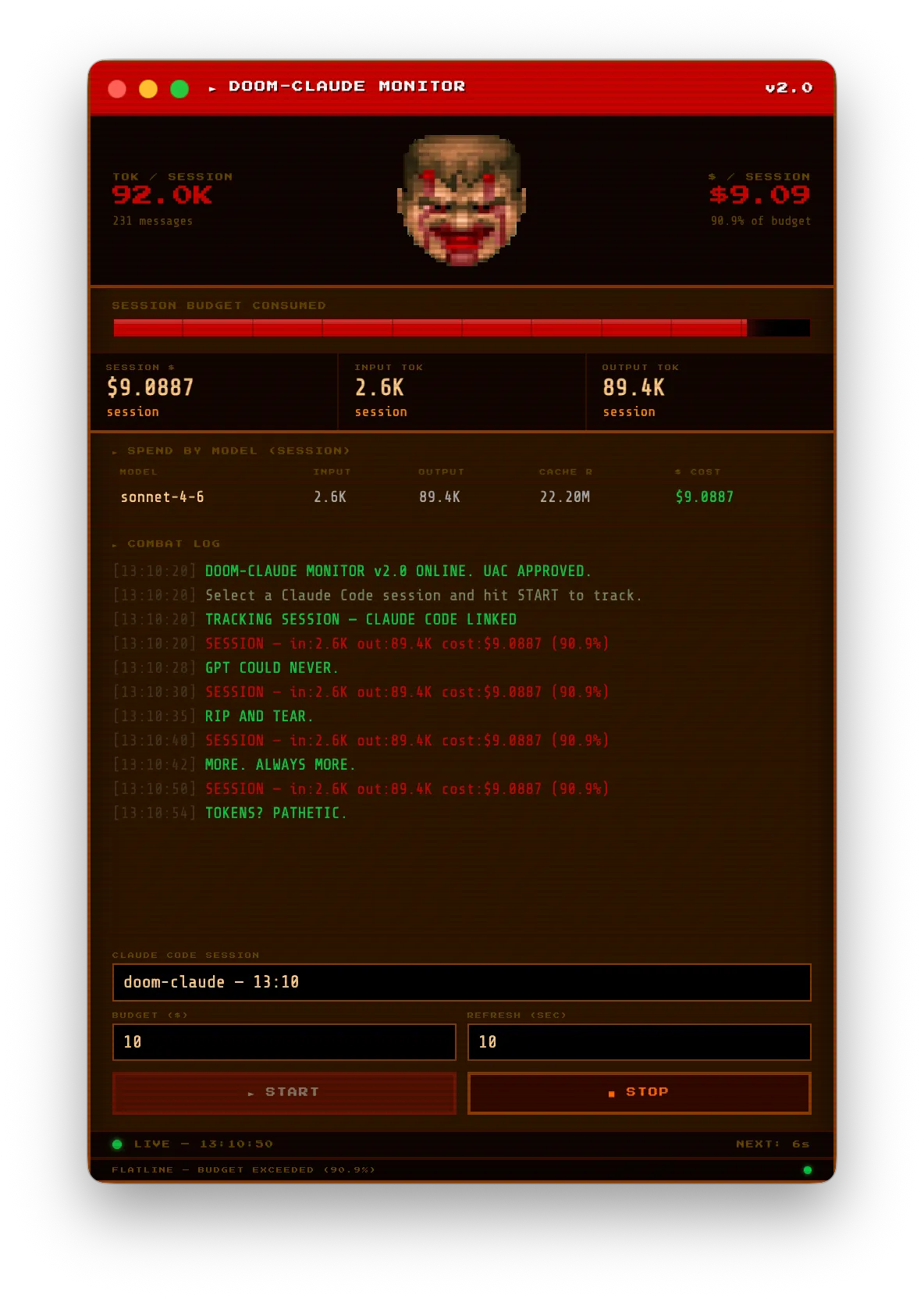 The DOOM-CLAUDE Monitor window showing a bloodied DOOM Guy face, session token and cost totals, a budget bar and a combat log