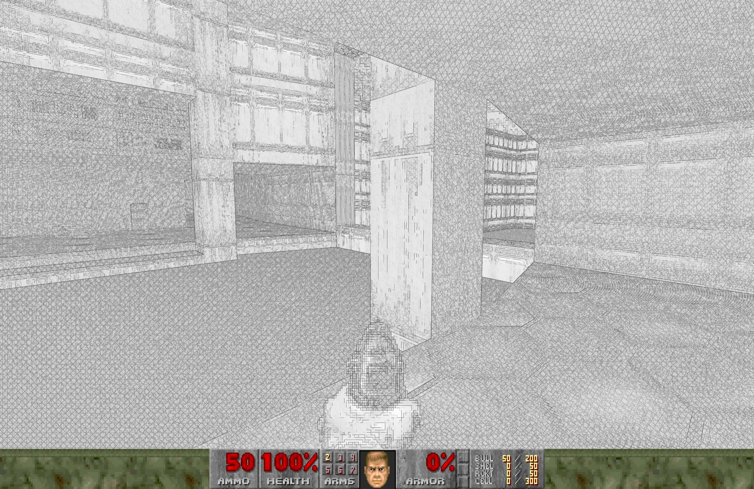 Doom gameplay rendered as black-and-white cross-hatching