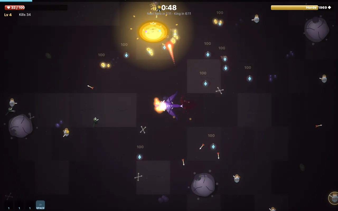 Top-down view of the Cavern 48 seconds into a run: a purple dragon breathing fire among adventurers and archers, a fireball streaking past the glowing gold horde, blue experience gems and floating numbers scattered across the floor