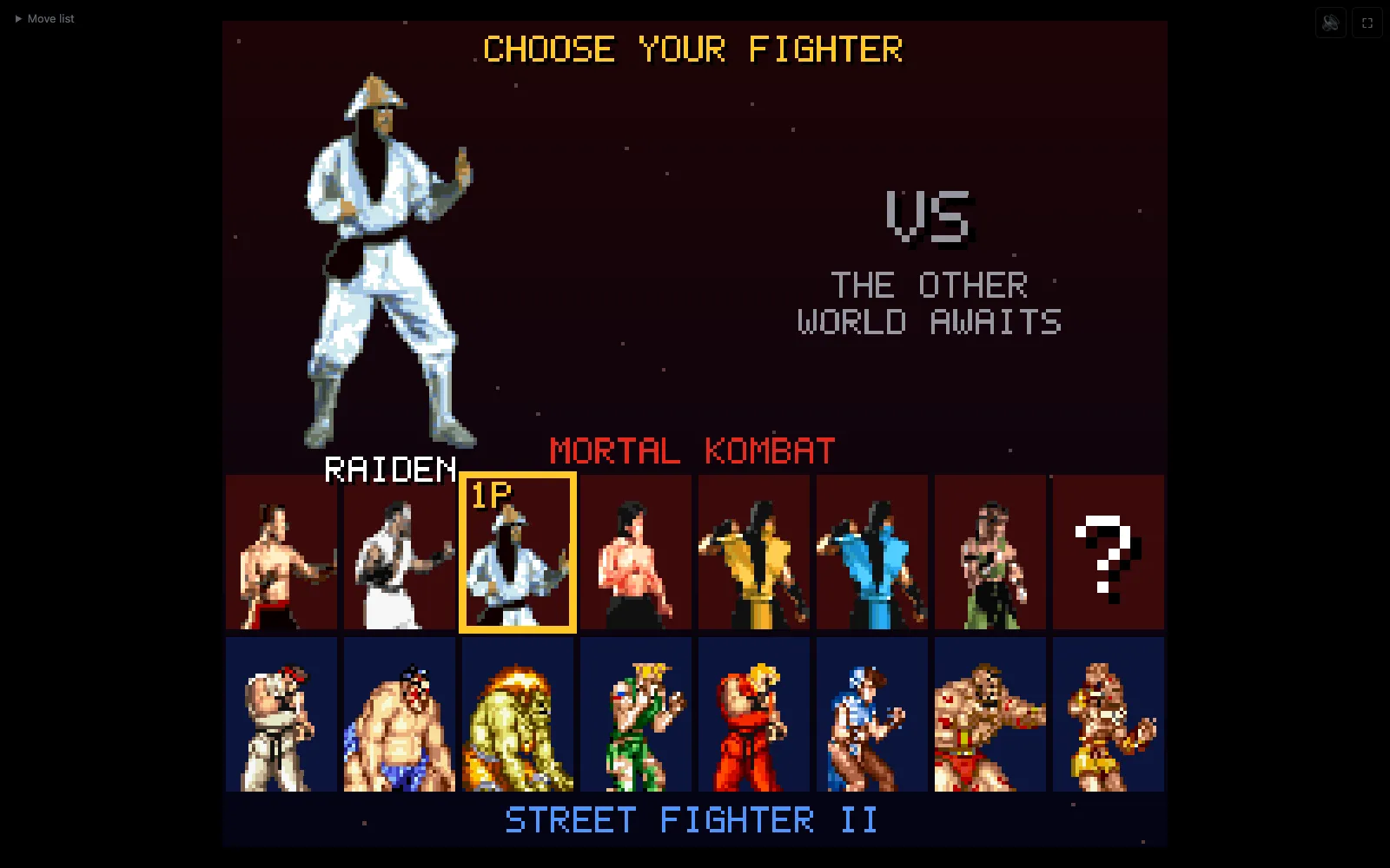 The character select screen: Raiden highlighted by the 1P cursor in a row of seven Mortal Kombat fighters plus a random box, above a row of eight Street Fighter II fighters