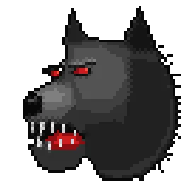 A greyscale pixel wolf in profile with red eyes